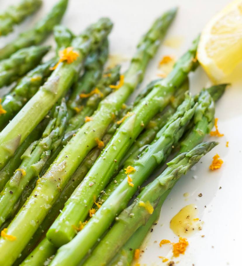 Asparagus spears dressed with olive oil, sea salt, cracked pepper and citrus zest.