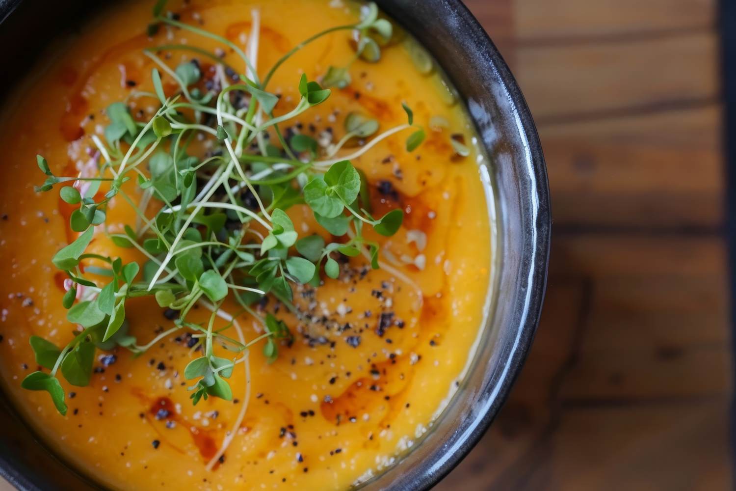 Carrot ginger soup in a dark bowl, finished with microgreens, cracked pepper and chilli oil.