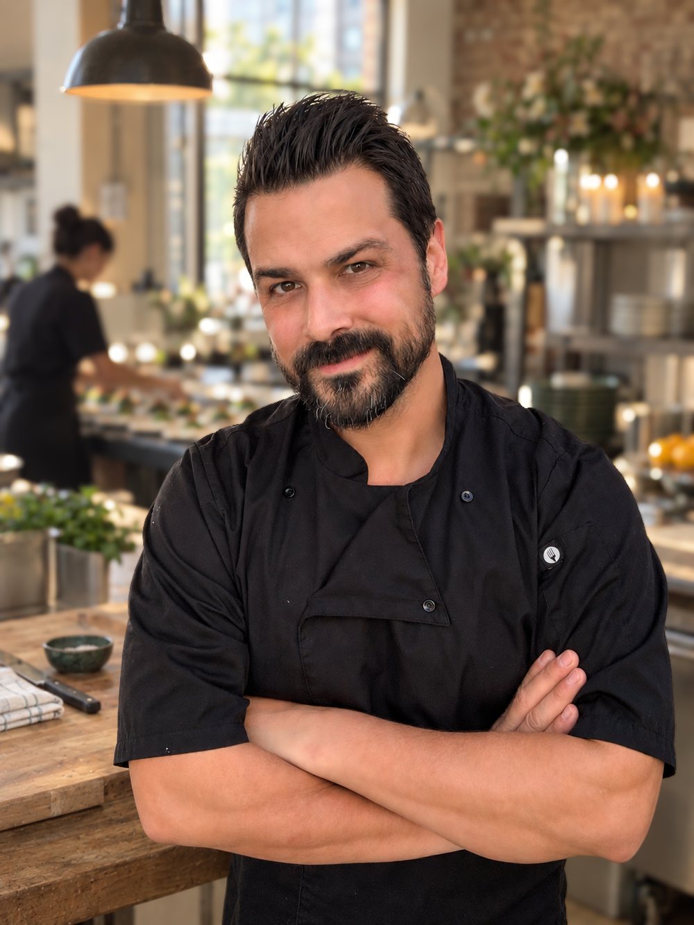 Jesse Brune in a black chef jacket, arms crossed, in a bright kitchen with a cook plating behind him.