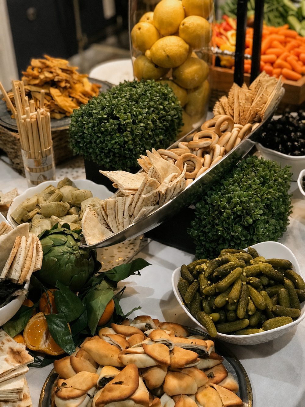 A grazing table piled with pita, breadsticks, artichokes, cornichons, olives, spinach pies, crudités and a jar of lemons.