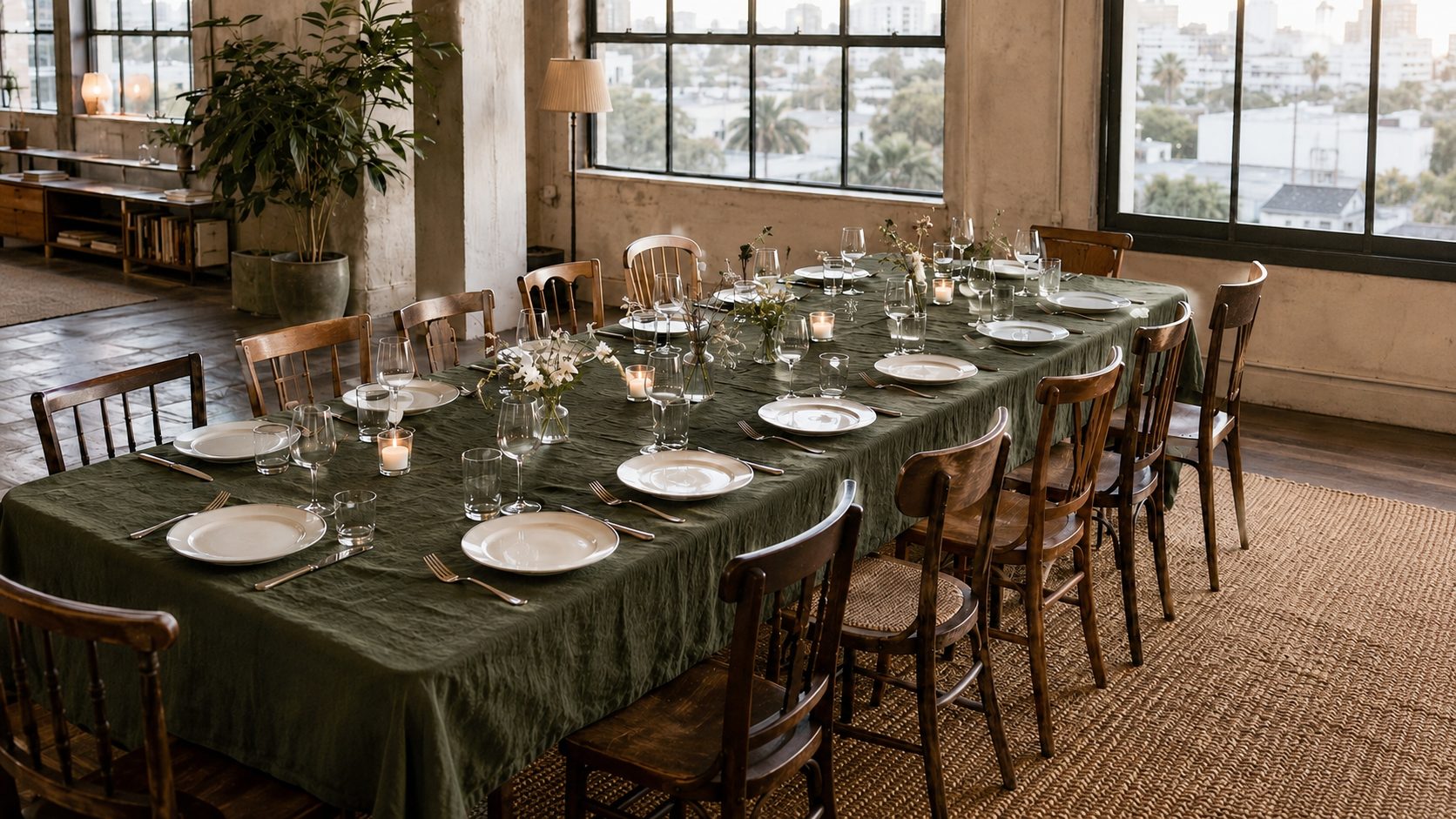 A long table set for twelve with green linen, white plates, mismatched wooden chairs, candles and small vases of flowers, in a loft with tall windows at dusk.